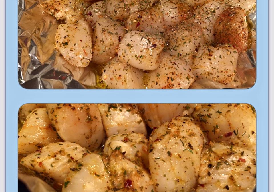 Scallops with Favorite Seasonings, Fresh Garlic and Olive Oil.